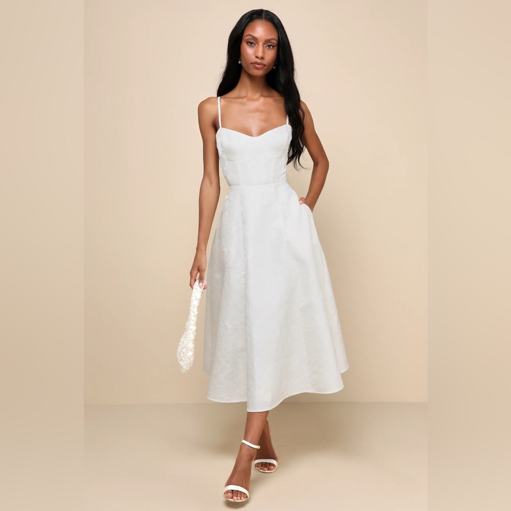 Lulu's White Spaghetti-Strap Midi Dress with Sweetheart Neckline